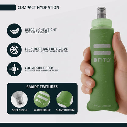 FITLY Soft Flask - Shrink As You Drink Soft Water Bottle for Hydration Pack - Folding Water Bottle Ideal for Running, Hiking, Cycling, Climbing & Rigorous Activity