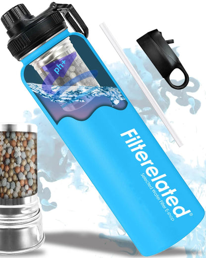 Filterelated 30oz Stainless Steel Portable Alkaline Filter Water Bottle, Creates Up to 9+ Ph of Quality Water, Sports Travel Water Bottle, Removes Water Impurities