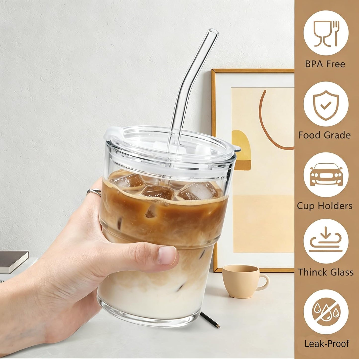 15 oz Matcha Cup Set of 2, Iced Coffee Tumbler Water Glass with Straw and Lid, Clear Thick Wall Matcha Iced Coffee Glass To Go for Smoothie Tea Soda Juice