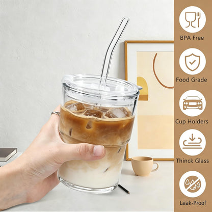 15 oz Matcha Cup Set of 2, Iced Coffee Tumbler Water Glass with Straw and Lid, Clear Thick Wall Matcha Iced Coffee Glass To Go for Smoothie Tea Soda Juice