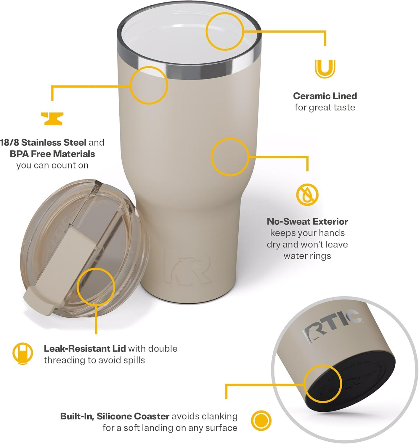 RTIC 20oz Essential Tumbler with Lid, Ceramic Lined, Insulated, Stainless Steel, Metal, Double Wall Vacuum-Insulation, Travel Cup for Iced Coffee, Tea, Hot and Cold Drink, Graphite