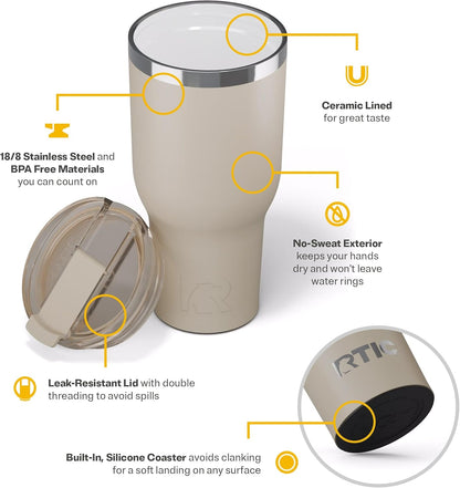 RTIC 20oz Essential Tumbler with Lid, Ceramic Lined, Insulated, Stainless Steel, Metal, Double Wall Vacuum-Insulation, Travel Cup for Iced Coffee, Tea, Hot and Cold Drink, Graphite
