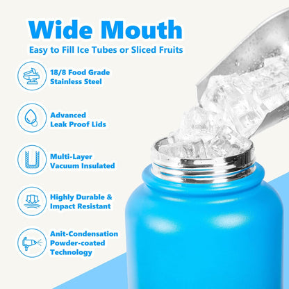 Insulated Water Bottle with Lid & Boot & Stickers, 24 oz Stainless Steel Sweat Free Bottle Keep Cold 24H, BPA-Free Sports Wide Mouth Water Bottle, BlueBlack