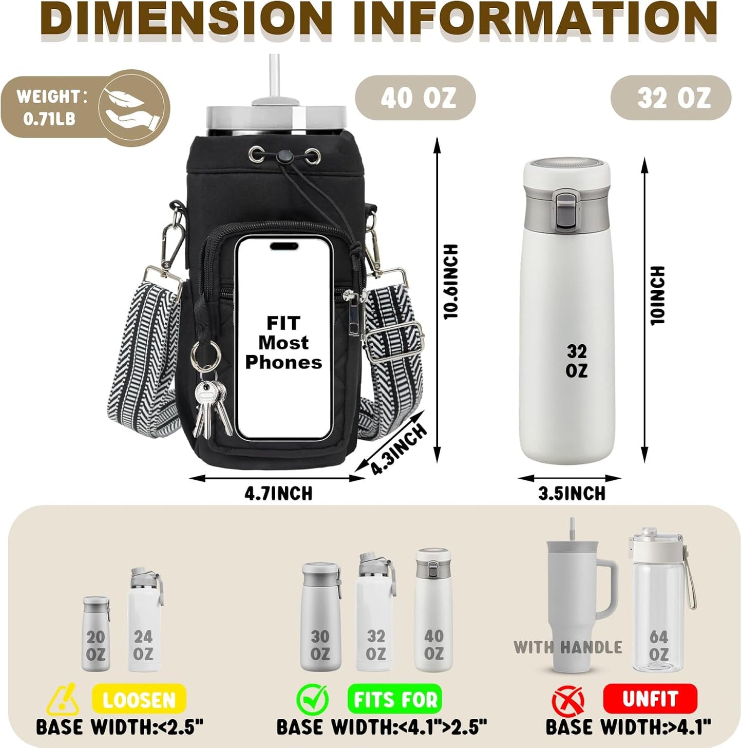 Water Bottle Holder with Strap, 32oz 40oz Insulated Water Bottle Carrier Bag, Purse Crossbody Sling Bag with Phone Pocket for Walking Hiking