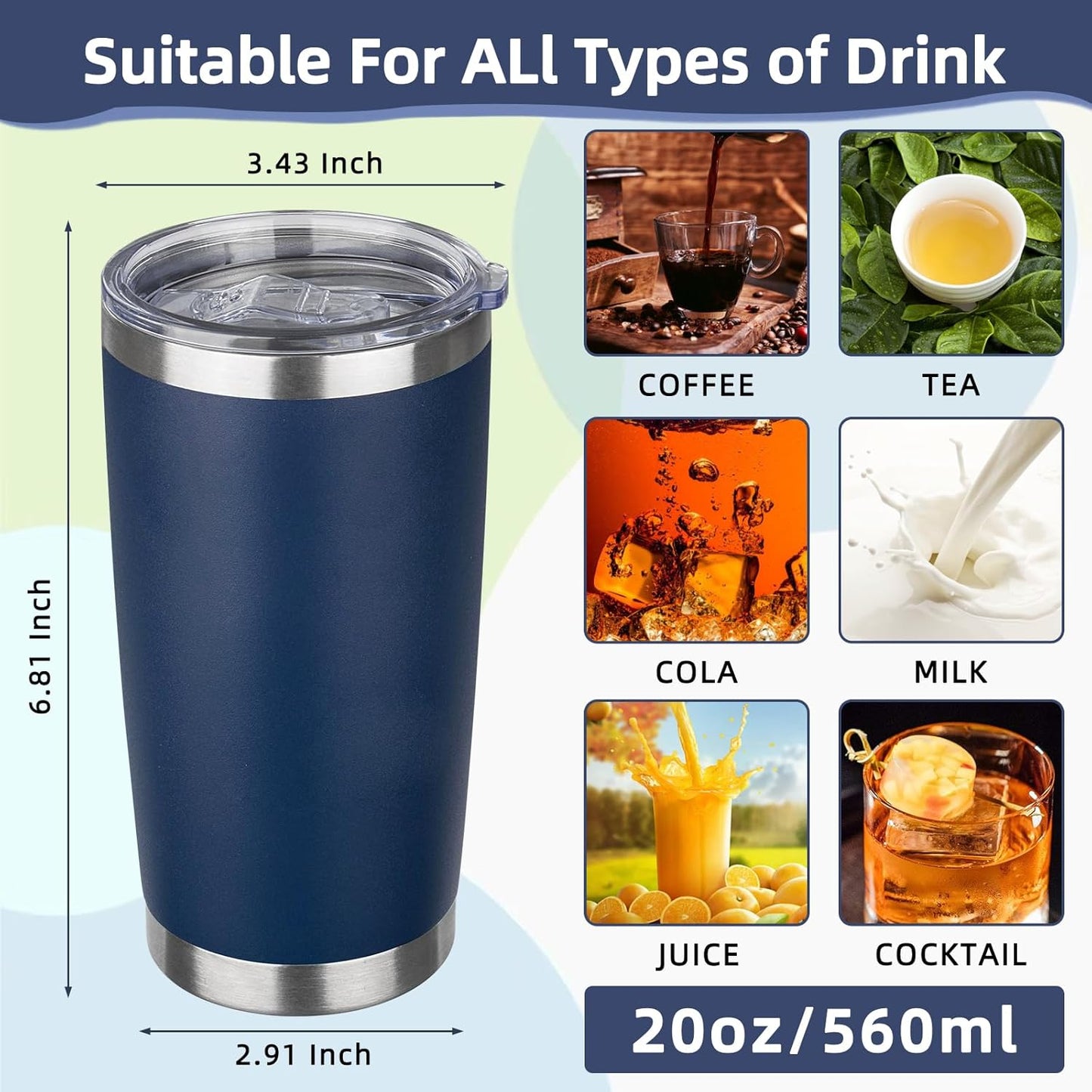 20oz Tumbler with Lid Stainless Steel Insulated Tumblers Travel Coffee Tumbler Bulk Double Wall Vacuum Insulated Water Cup Gifts for Christmas Women Men Her Him Home Office(Navy Blue, 1pack)