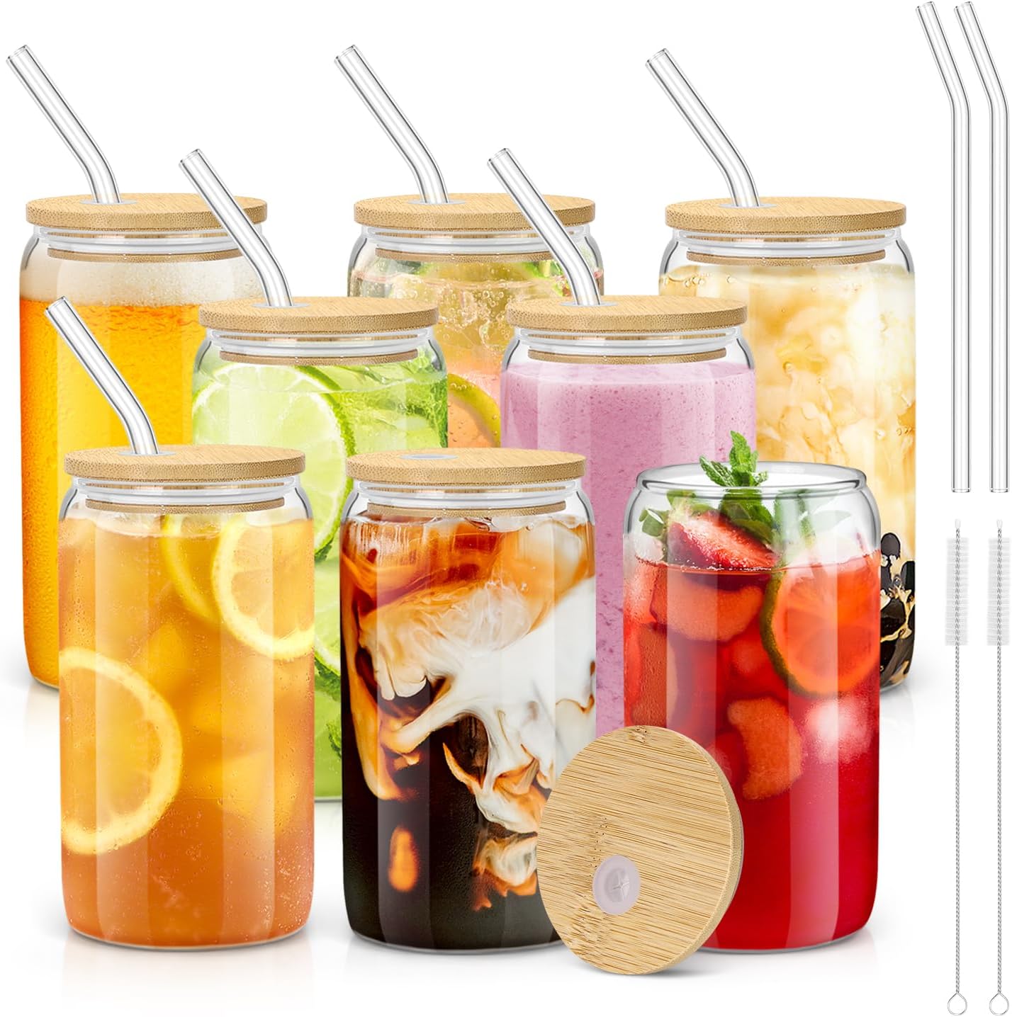 sungwoo 4PCS Glass Cups with Bamboo Lids and Straws, 16OZ Ice Coffee Cup, Drinking Cup set with Wooden Lids, Home Essential Glass Tumblers for Beer, Cocktail, Tea and Latte Clear