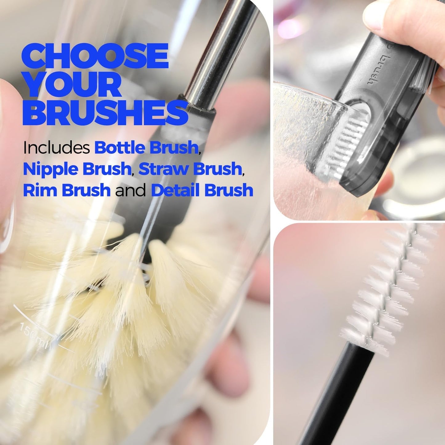 Holikme 6 Pack Bottle Brush Set, 14" Long Handle Stainless Steel Bottle Cleaner Brush, 3 Straw Brushes, 4-in-1 Bottle Cleaning Brush for Water Bottle, Antistatic Lab Brushes Straws, Black
