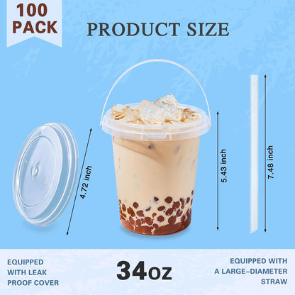 10 Pack 34oz Plastic Cups with Lids and Straws, Disposable Iced Coffee Cups with Lids,Sturdy & Food Safe Drink Buckets for Cold/Hot Drinks,Smoothies, Fruit Drinks Cups Summer Beverages,Bar/Beach Party