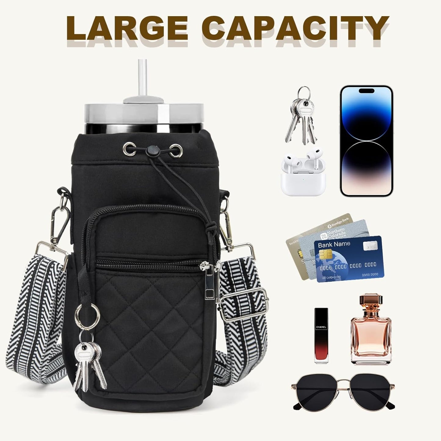 Water Bottle Holder with Strap, 32oz 40oz Insulated Water Bottle Carrier Bag, Purse Crossbody Sling Bag with Phone Pocket for Walking Hiking