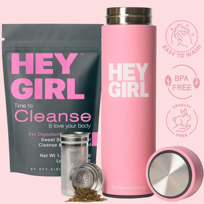 Hey Girl Tea Infuser Bottle 450ml - Insulated Stainless Steel Water Bottle - Tea Tumbler with Tea Diffuser - Portable Travel Mug for Loose Leaf Tea & Infused Water - Tea Lovers Gifts for Women (Pink)