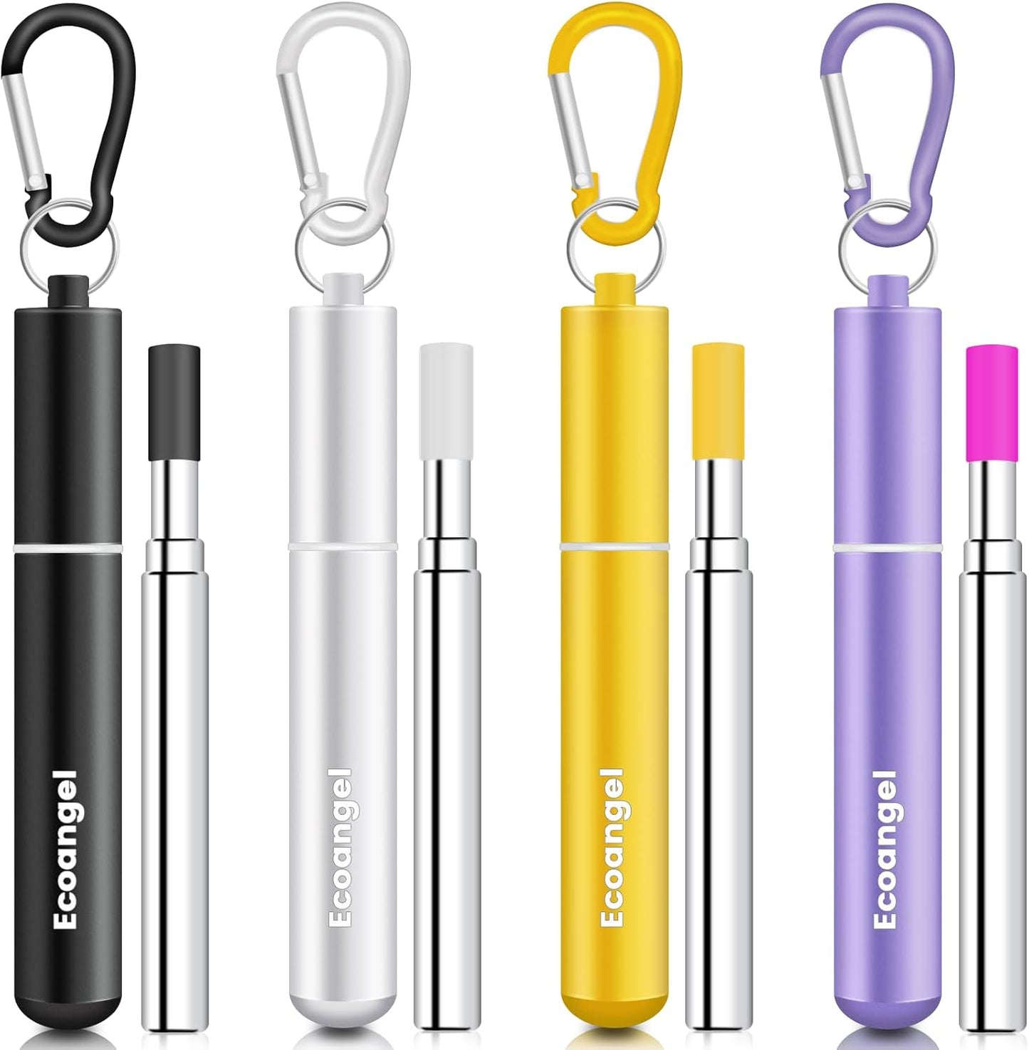 Ecoangel Cruise Ship Essentials,4-Pack reusable Collapsible Stainless Steel Drinking Straws with Aluminum Case,Cleaning Brush,and Keychains-Silver,Blue,Red,Green