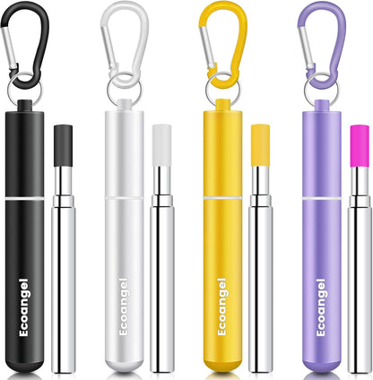 Ecoangel Cruise Ship Essentials,4-Pack reusable Collapsible Stainless Steel Drinking Straws with Aluminum Case,Cleaning Brush,and Keychains-Silver,Blue,Red,Green