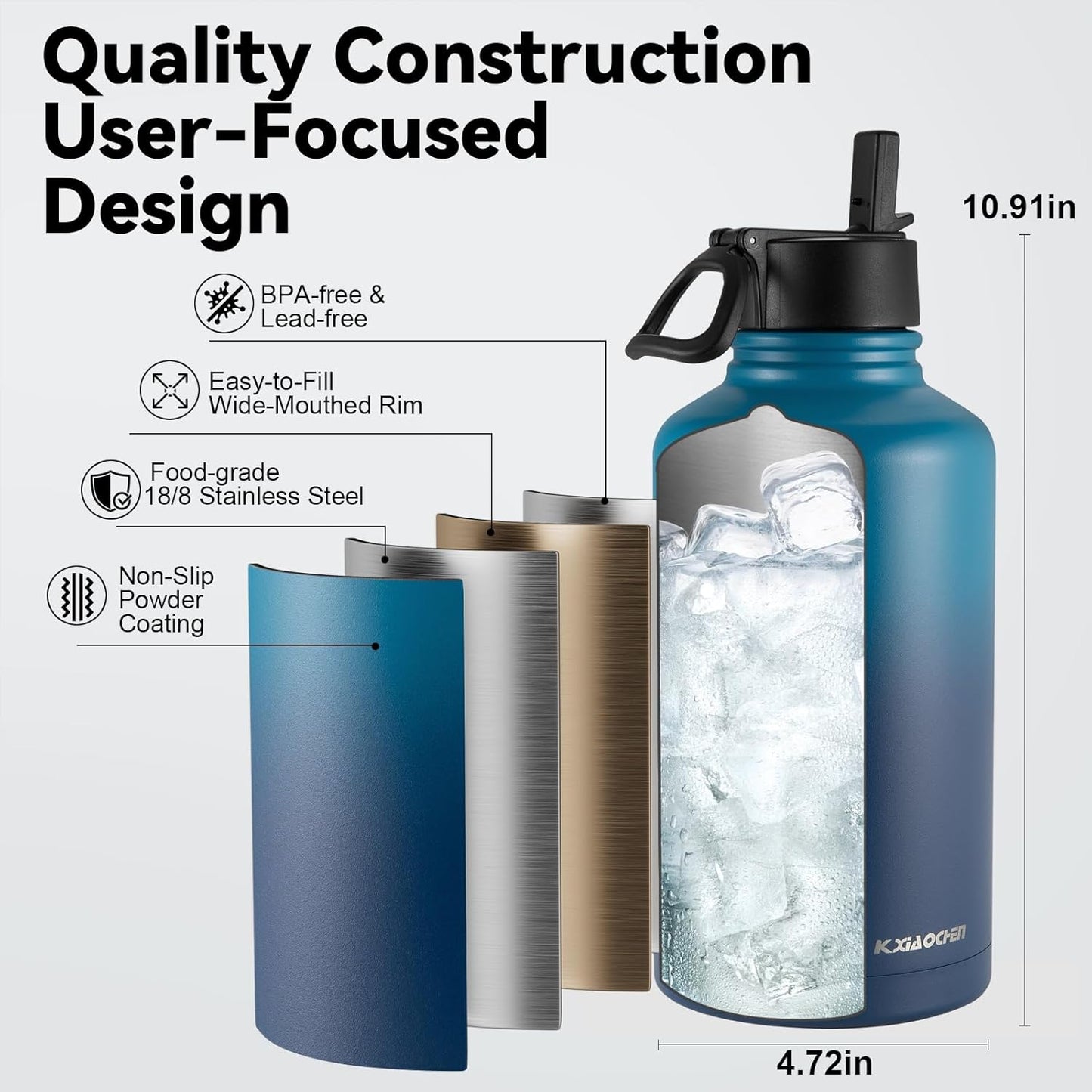 KXIAOCHEN Insulated Water Bottle With Strap, Cold For 48 Hrs Leak Proof, Triple Wall Stainless Steel Sports Water Bottle With Straw And Spout Lid For Gym Hiking Travel
