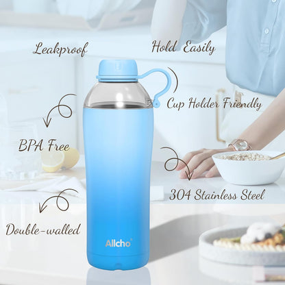 Allcho Insulated Water Bottle for Women, 18oz Stainless Steel Leak Proof Tumbler with 2 Lids, BPA-Free Tritan Chug & Straw Lid, Double Wall Vacuum Flask