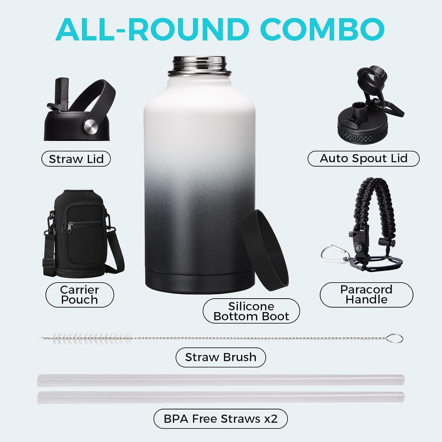 32/40/64OZ Insulated Water Bottle - Keep Cold 48H Hot 24H, Combo Straw/Spout Lids, Paracord Handle for Gym/Hiking, Carrier Bag +Strap, Cup Mat, BPA-Free Stainless Steel Flask Jug