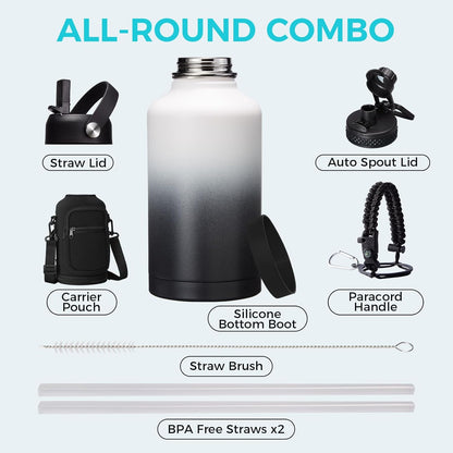 32/40/64OZ Insulated Water Bottle - Keep Cold 48H Hot 24H, Combo Straw/Spout Lids, Paracord Handle for Gym/Hiking, Carrier Bag +Strap, Cup Mat, BPA-Free Stainless Steel Flask Jug