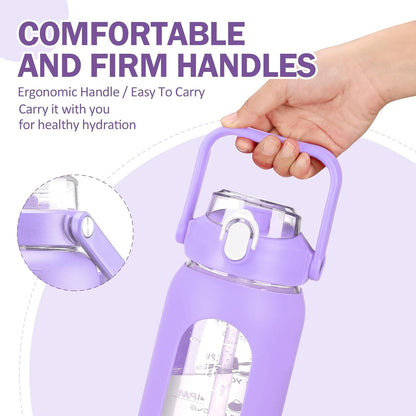 64oz Glass Water Bottles with Straw, Half Gallon Motivational Glass Bottle with Silicone Sleeve and Time Marker, 2L Leakproof Large Glass Water Jug for Gym Home Office,olive
