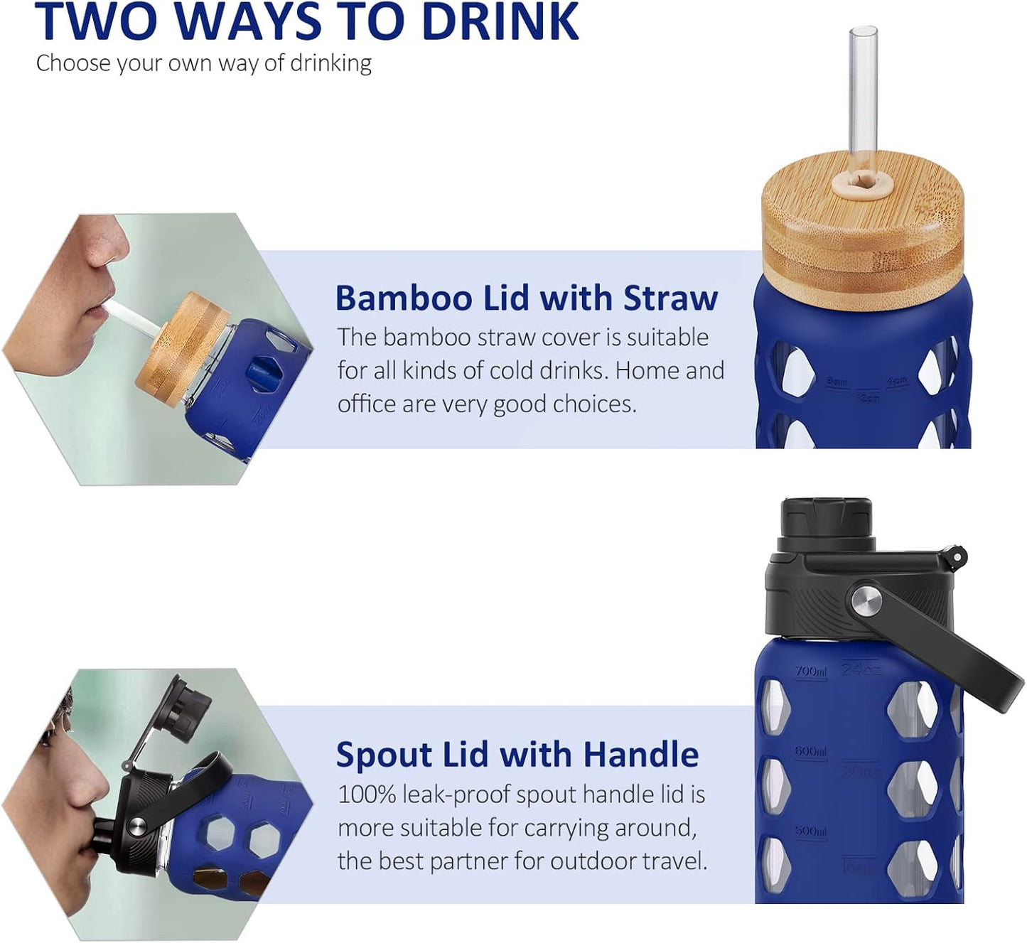 MUKOKO Glass Water Bottles, 32oz Glass Tumbler with Straw, Drinking Bottles with 2 Lids-Handle Spout Lid&Bamboo Straw Lid, Motivational Water Bottle with Time Marker and Silicone Sleeve, 1 Pack-Olive