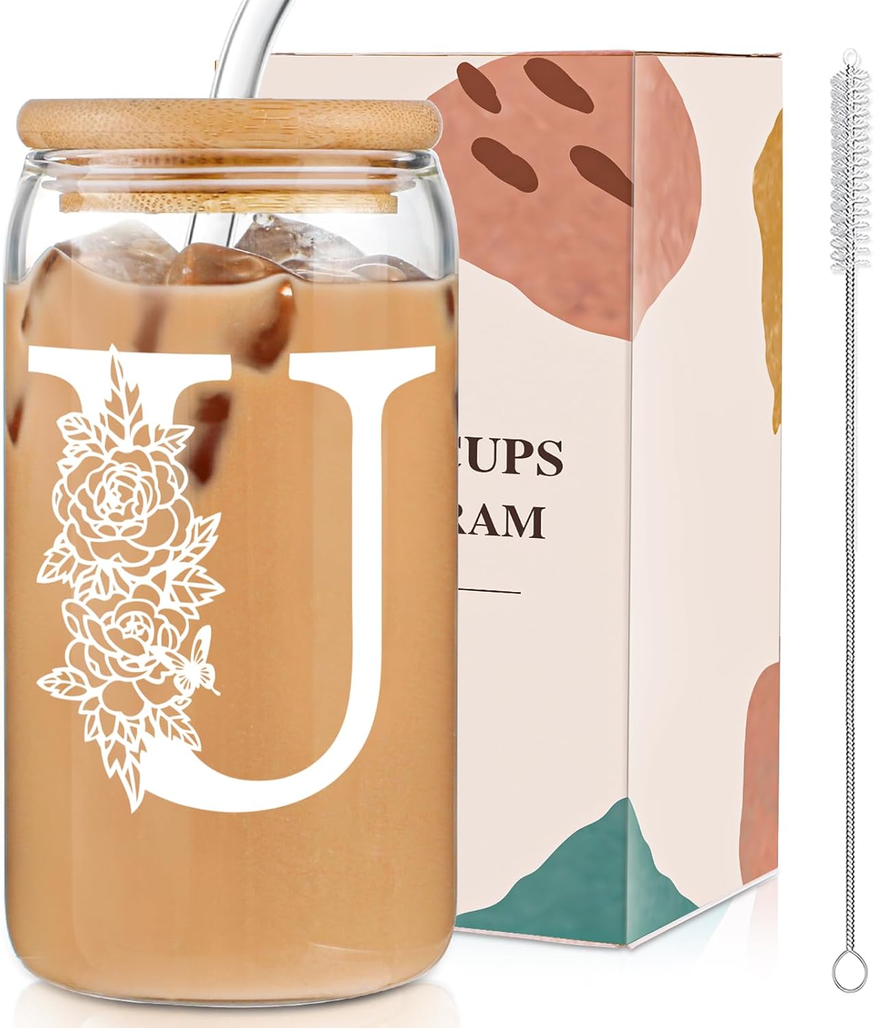 Glass Cups with Lids and Straws: Personalized Initial Glass Cup Be Used As Reusable Iced Coffee Cups with Lids,Cute Matcha Tumbler - The Christmas/Birthday Gifts for Women - M Smoothie Cup