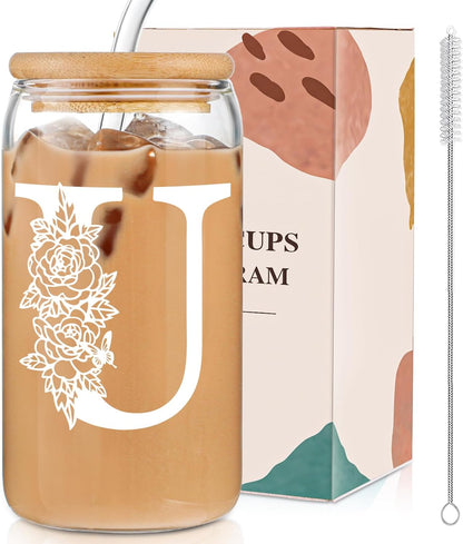 Glass Cups with Lids and Straws: Personalized Initial Glass Cup Be Used As Reusable Iced Coffee Cups with Lids,Cute Matcha Tumbler - The Christmas/Birthday Gifts for Women - M Smoothie Cup
