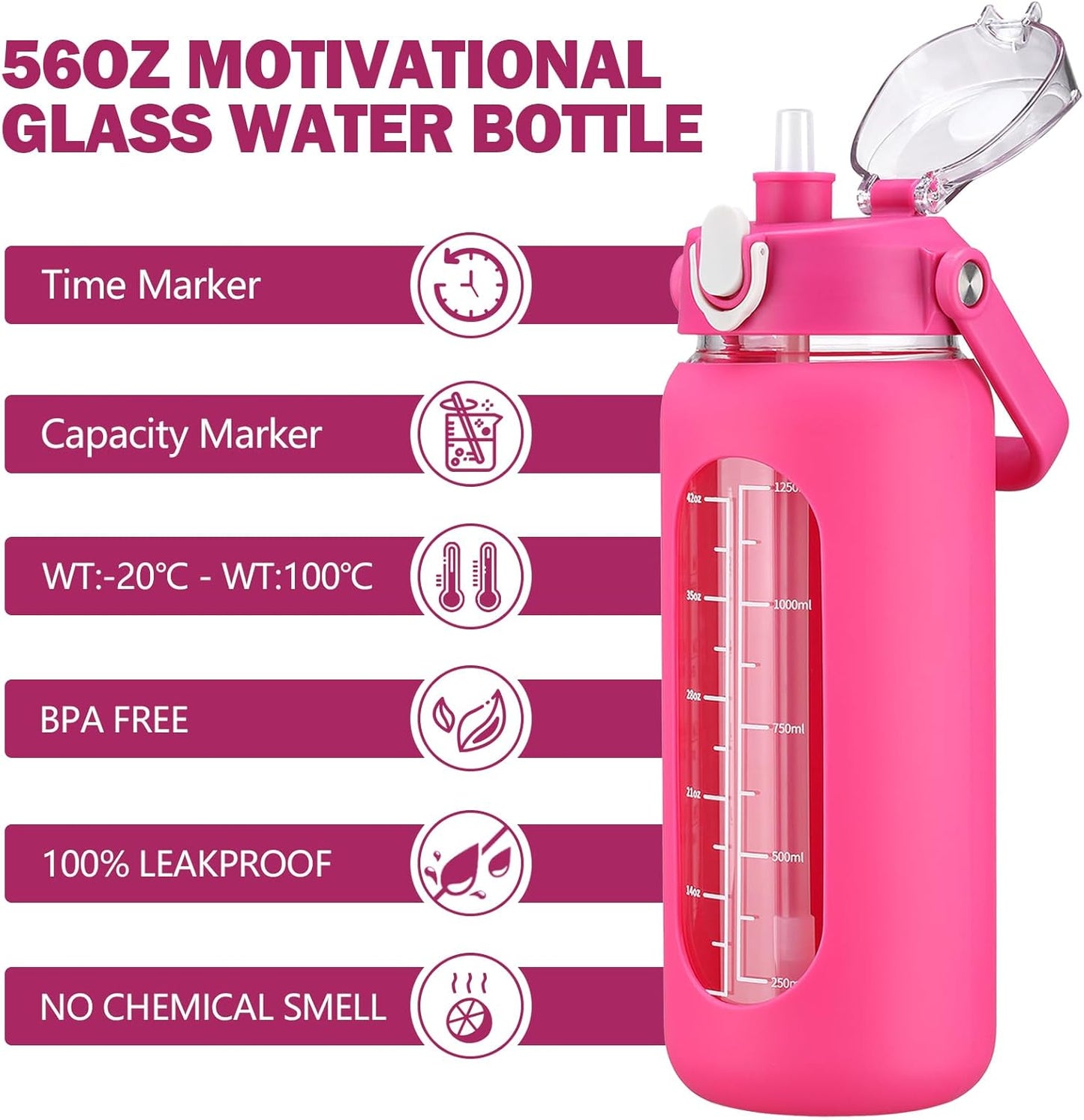 64oz Glass Water Bottles with Straw, Half Gallon Motivational Glass Bottle with Silicone Sleeve and Time Marker, 2L Leakproof Large Glass Water Jug for Gym Home Office,olive