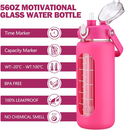 64oz Glass Water Bottles with Straw, Half Gallon Motivational Glass Bottle with Silicone Sleeve and Time Marker, 2L Leakproof Large Glass Water Jug for Gym Home Office,olive