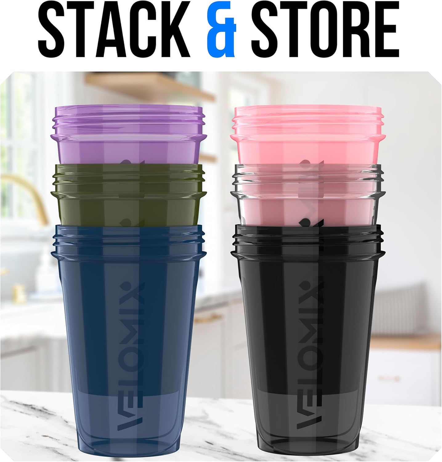 VELOMIX -6 PACK- 20 oz Protein Shaker Bottle for Protein Mixes - 6x Wire Whisk | Leak Proof Shaker Cups for Protein Shakes| Stackable Protein Shaker Bottle Pack | Dishwasher Safe (ALL IN BLACK)