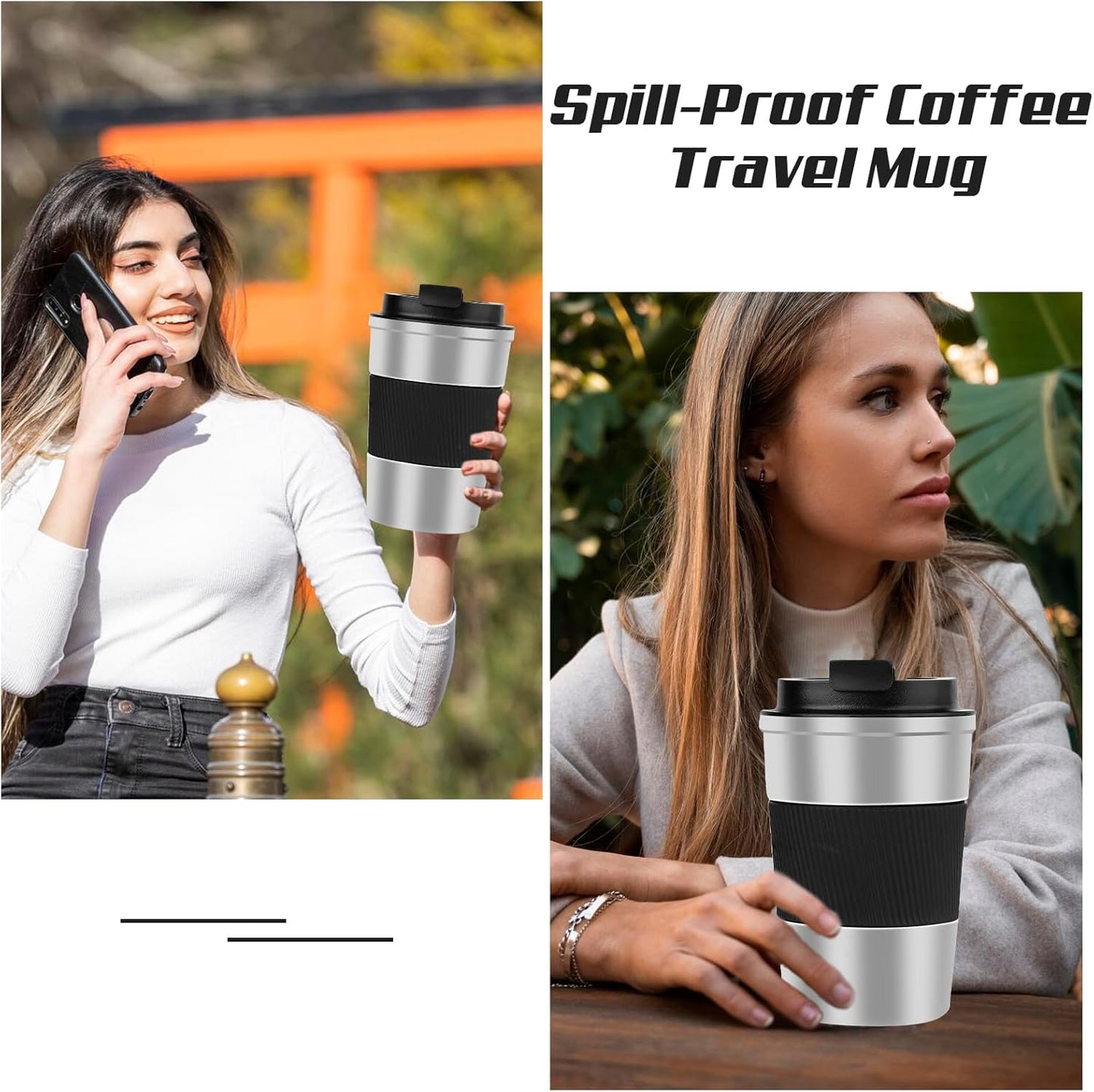 SPLMIFA Vacuum-Insulated Stainless Steel Travel Coffee Mug, Leak-Proof Reusable Coffee Cup with Lid - Keep Hot & Cold Drinks for Hours, Durable Insulated Tumbler for Men & Women(3rd-Black, 12OZ)