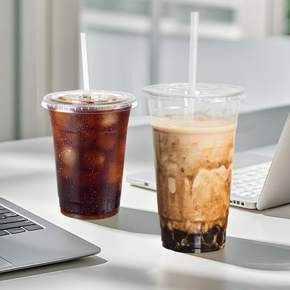 25 Pack 16 oz Clear Plastic Cups with Lids and Straws, Leak-Proof Disposable Iced Coffee Cups, BPA-Free PET Cold Drink Tumblers for Smoothie, Tea and Juice, Crystal Clear To Go Cups