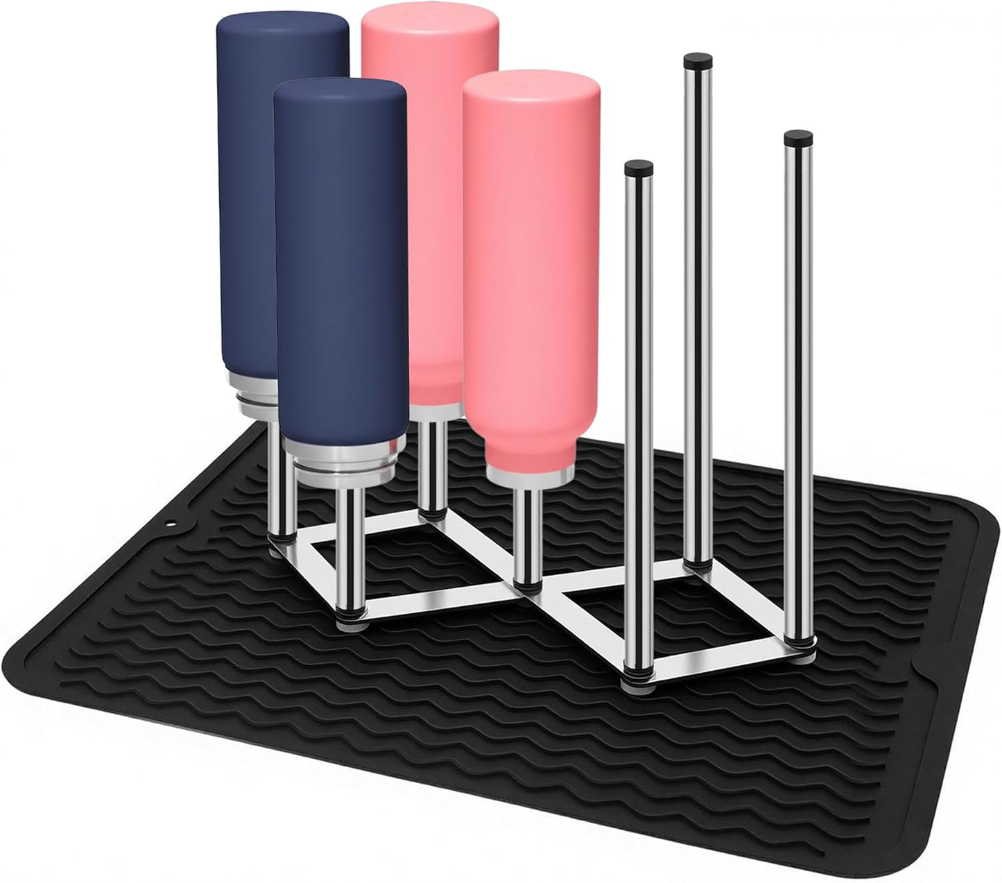 Stainless Steel Bottle Drying Rack with Non-Slip Silicone Mat – Foldable Water Bottles Dryer Stand for Cups, Tumblers, Wine Glasses & Baby Bottles, Space-Saving Countertop Bottle Rack Organizer