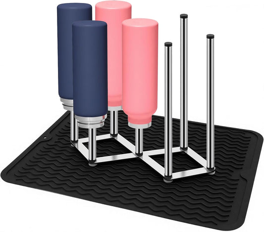Stainless Steel Bottle Drying Rack with Non-Slip Silicone Mat – Foldable Water Bottles Dryer Stand for Cups, Tumblers, Wine Glasses & Baby Bottles, Space-Saving Countertop Bottle Rack Organizer
