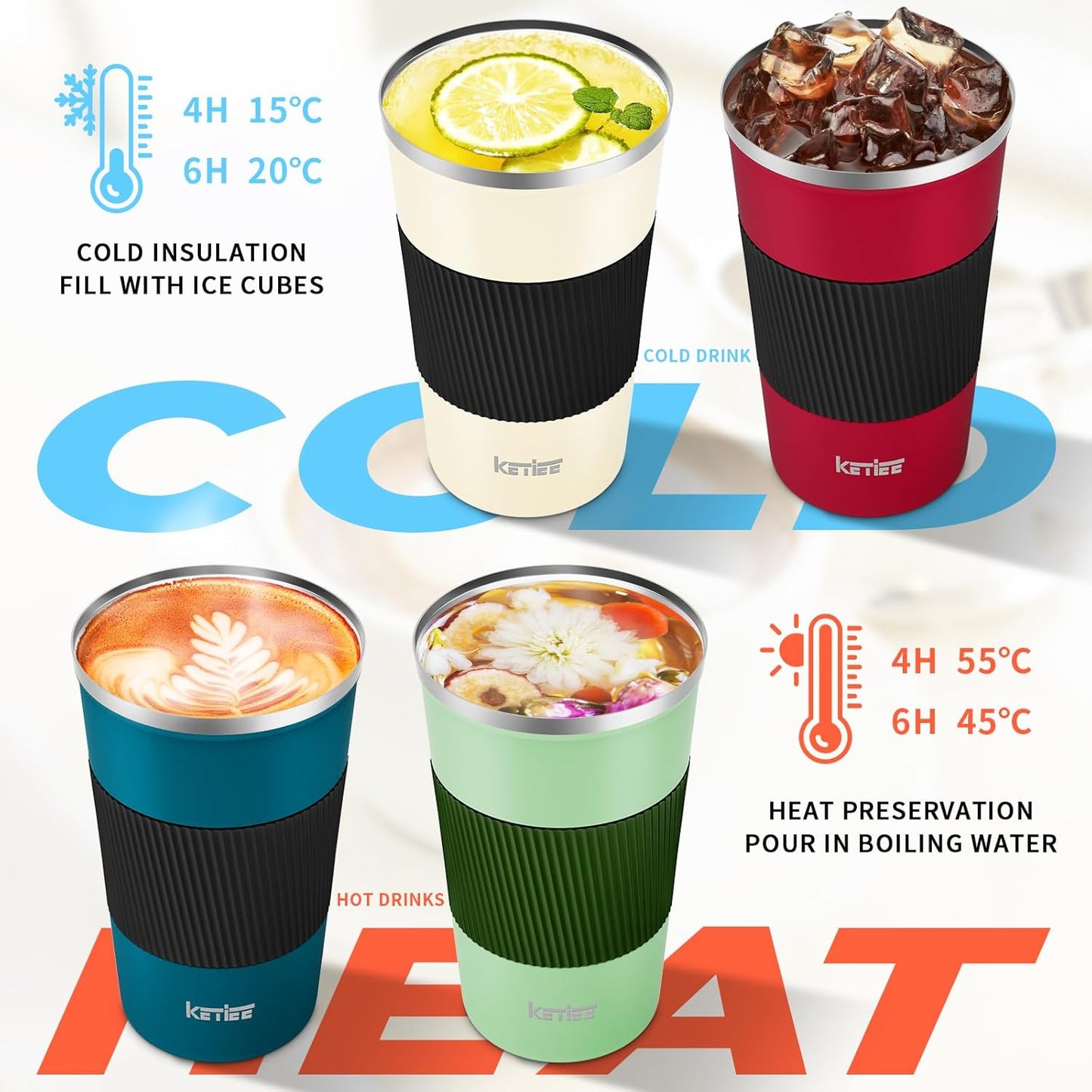KETIEE Travel Coffee Mug Spill Proof 12oz, Insulated Travel Mug to Go, Reusable Coffee Cup with Seal Lid, Vacuum Stainless Steel Tumbler for Hot/Cold Drinks (Red)