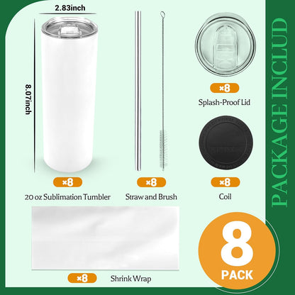 Joyclub Sublimation Tumblers Blanks 20 oz 10 Pack Skinny Straight Tumblers Bulk Stainless Steel Insulated Sublimation Cups with Lid and Straw, Gift Box