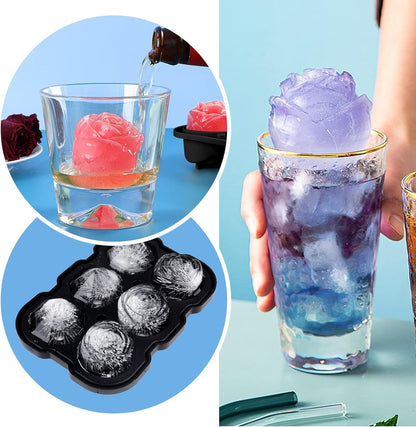 Ice Cube Tray, Mikiwon 2 inch Rose Ice Cube Trays With Covers, 3 Cavity Silicone Rose Ice Tray & 3 Diamond Ice Ball Maker, Easy Release Large Ice Cube Form for Chilled Cocktails, Whiskey Juice Black