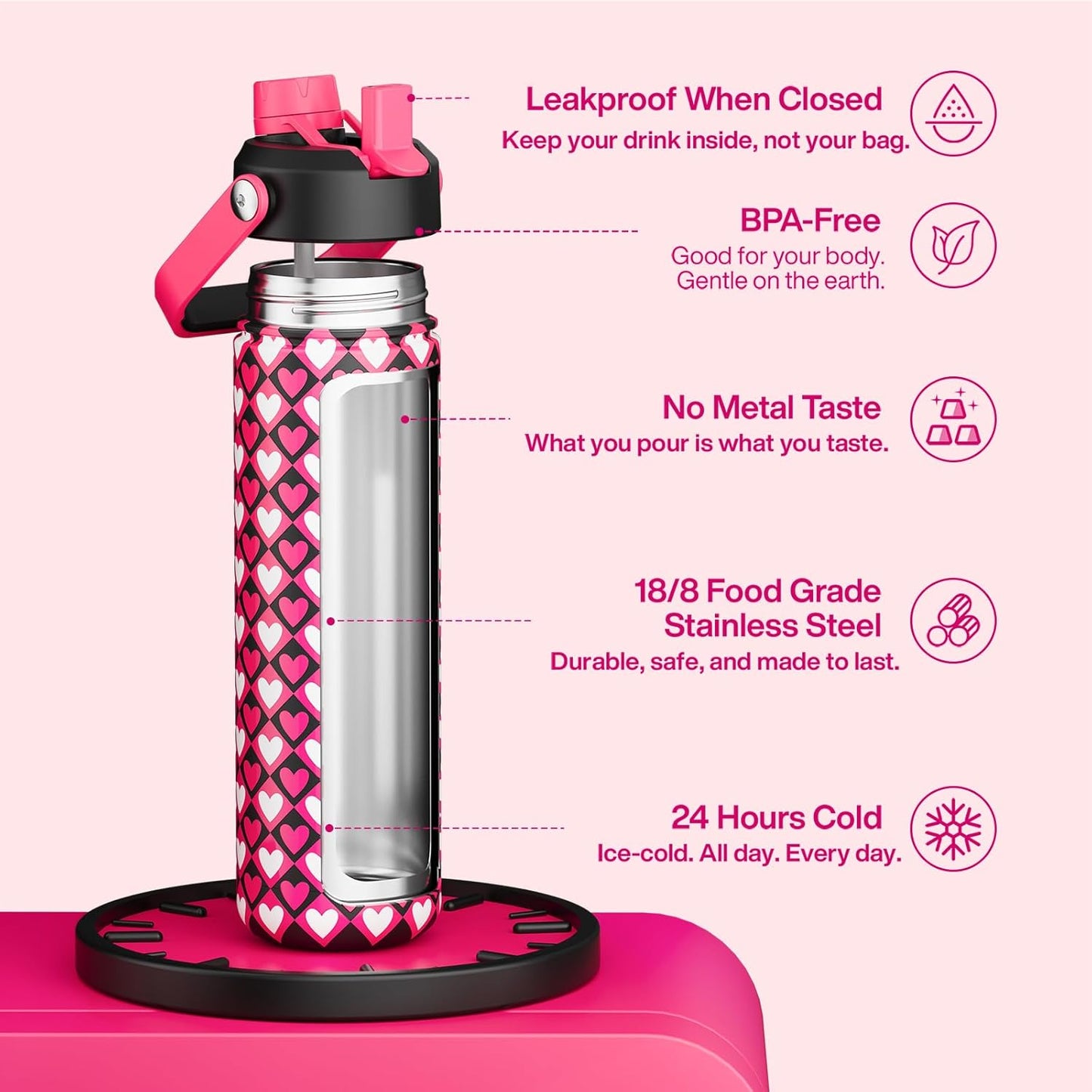 ENCOOL Insulated Water Bottle with Straw Stainless Steel Water Bottle, Leak-Proof, BPA-Free, Double Wall Vacuum Keeps Cold for 24 Hours for Sports, Travel, School (26 oz, Cotton Candy) - Colors A