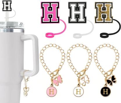 （3 +3) 3PCS Nuozme Straw Cover 10mm For Stanley Tumbler Cup Reusable Straw Cap Topper with 3 Initial Letter Charms Accessories Name ID Personalized Handle Charm For Stanley 30&40 Oz Cup Tumbler - Colors B