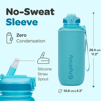 Hydracy Water Bottle with Time Marker -Large BPA Free Water Bottle & No Sweat Sleeve -Leak Proof Gym Bottle with Times to Drink - Ideal for Fitness Sports & Outdoors