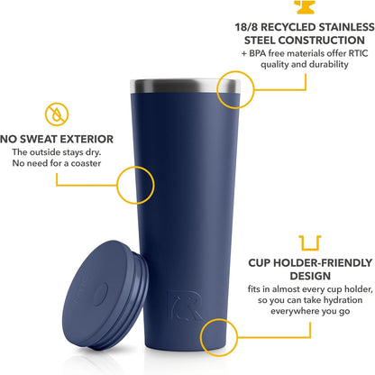 RTIC 20oz Everyday Tumbler Insulated Stainless Steel Portable Travel Coffee Cup with Straw, Ceramic Lining, Spill-Resistant Lid, BPA-Free, Hot and Cold Drink, Beach