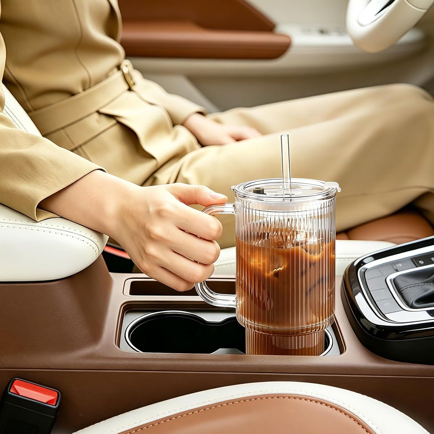 Iced Coffee Cups with Lids: Coffee Bar Accessories - Ribbed Glass Tumbler with Straw and Lid 4Pcs - 20oz Leak Proof Tumbler - Reusable Glass Cups and Tumblers with Lid and Straws for To Go Iced Coffee