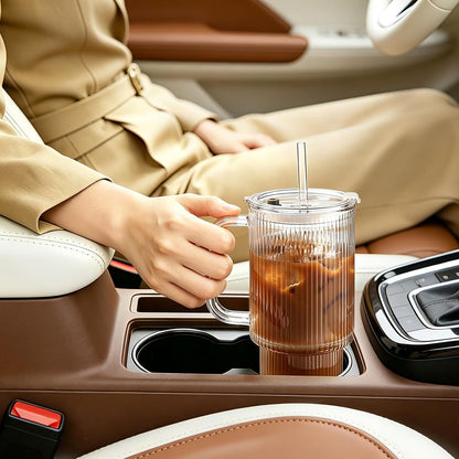 Iced Coffee Cups with Lids: Coffee Bar Accessories - Ribbed Glass Tumbler with Straw and Lid 4Pcs - 20oz Leak Proof Tumbler - Reusable Glass Cups and Tumblers with Lid and Straws for To Go Iced Coffee