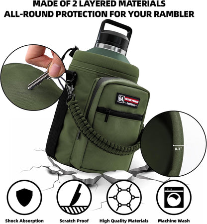 NATURE PIONEOR Water Bottle Holder with Adjustable Strap - Half/One Gallon (64/128oz) Insulated Water Bottle Sling Carrier with Phone Pocket & Paracord Handle, Outdoor Camping, Hiking, Gym