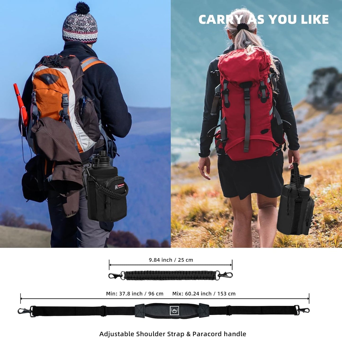 NATURE PIONEOR Water Bottle Holder with Adjustable Strap - Half/One Gallon (64/128oz) Insulated Water Bottle Sling Carrier with Phone Pocket & Paracord Handle, Outdoor Camping, Hiking, Gym