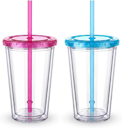 Zukro Clear Acrylic Tumbler with Straw and Lid 32 oz, Double Walled Insulated Reusable Plastic Iced Coffee Cup, To Go Cup Perfect for Parties, Birthdays, Fit in Cupholder, BPA Free, Clear, 2 Pack