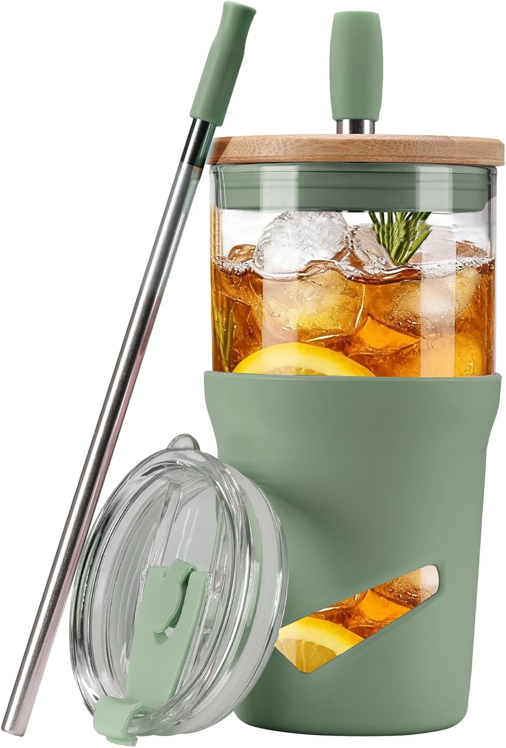 Glass Tumbler with Lids and Straws, 20 oz Iced Coffee Cup and Smoothie Cup with Bamboo Lid and On the go Lid,Glass Cups With Straws