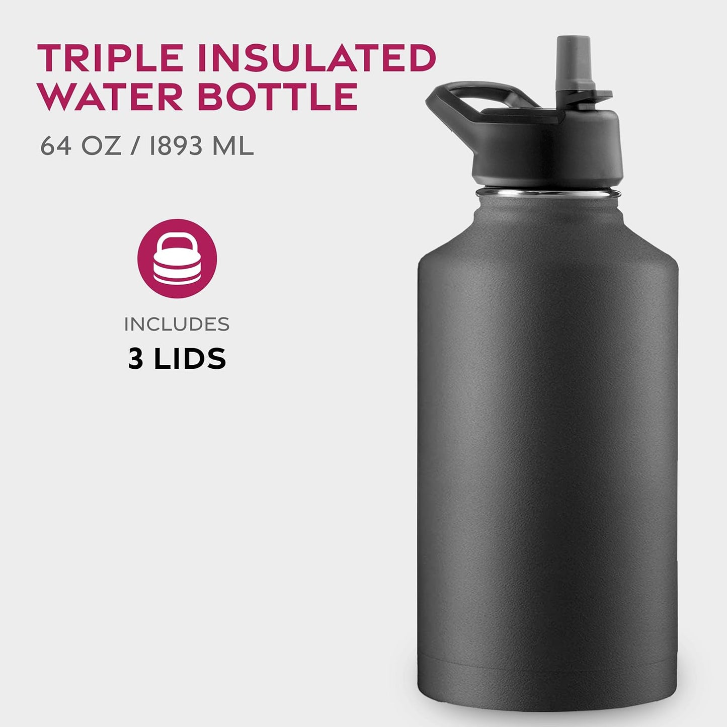 FineDine Water Bottle - Stainless Steel Insulated Water Bottle with Straw Lid, Flip Lid & Wide-Mouth Cap - Keeps Hot and Cold - 25 Oz / 739ml - Dreamy Purple