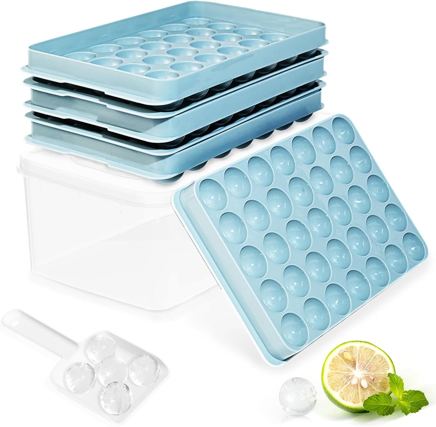Ice Cube Tray with Lid and Bin – Round Ice Cube Trays for Freezer, BPA-Free Food-Grade Ice Mold, Stackable Ice Ball Maker, Iced Bucket Kits, Circle Ice Tray for Cocktails, Whiskey, Coffee, and Drinks