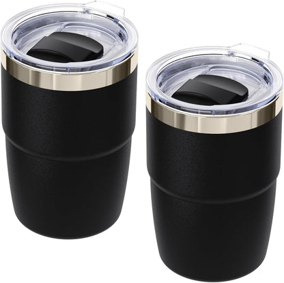 8 oz Small Coffee Cup with Magnetic Lid, Ceramic-Lined 18/8 Stainless Steel, Double-Wall Vacuum Insulated, Stackable, Dishwasher Safe, Mini Tumbler for On-the-Go, 2 Pack, Black