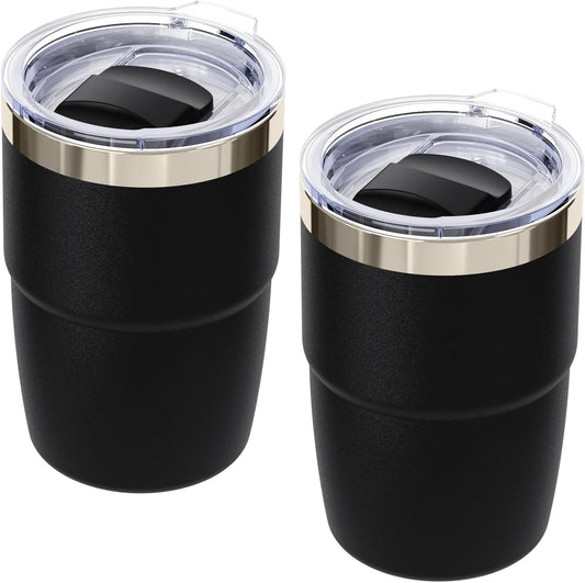 8 oz Small Coffee Cup with Magnetic Lid, Ceramic-Lined 18/8 Stainless Steel, Double-Wall Vacuum Insulated, Stackable, Dishwasher Safe, Mini Tumbler for On-the-Go, 2 Pack, Black