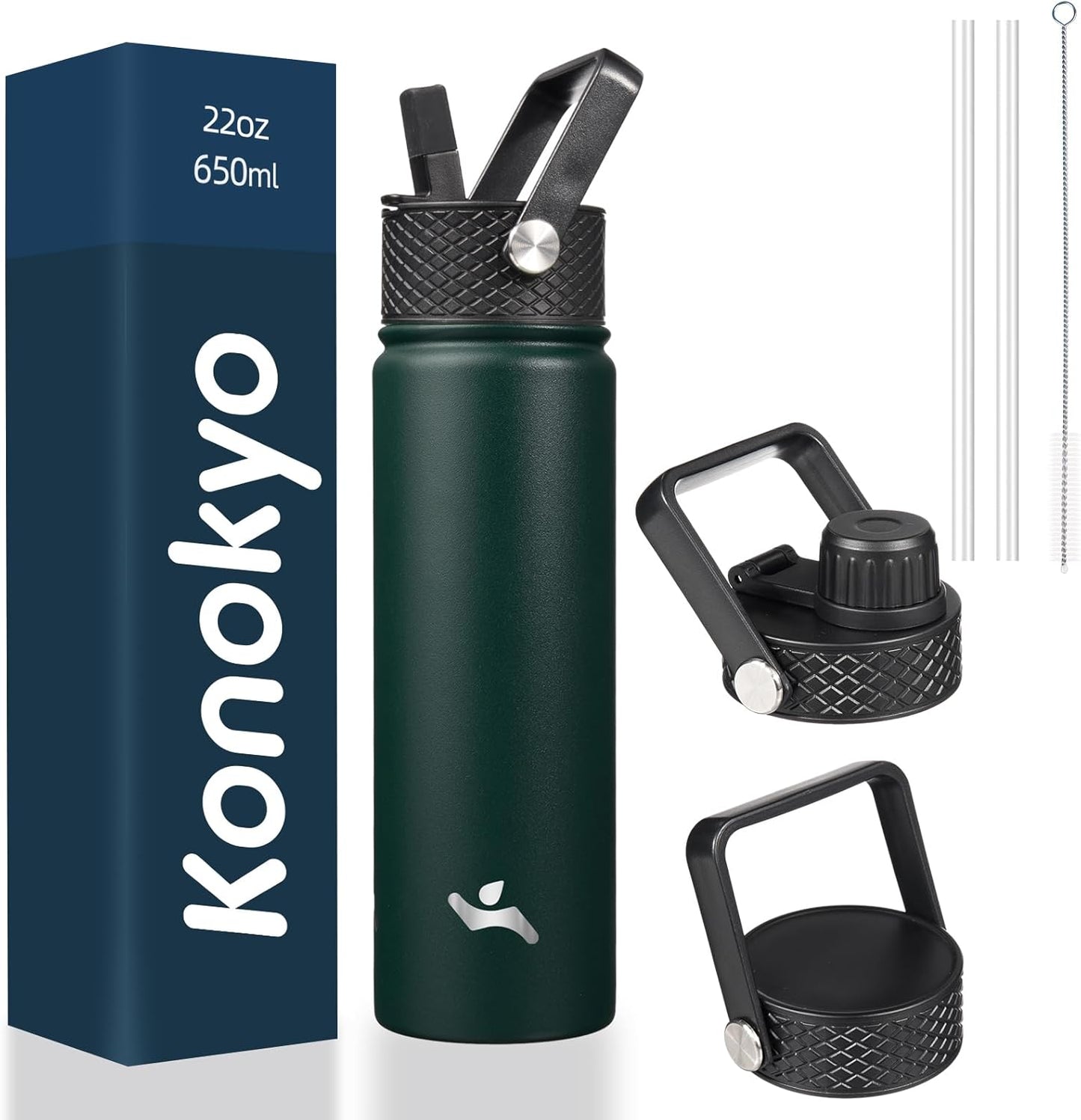 Konokyo 22oz Stainless Steel Bottles with 3 Lids Sport Insulated Water Bottle,Mint