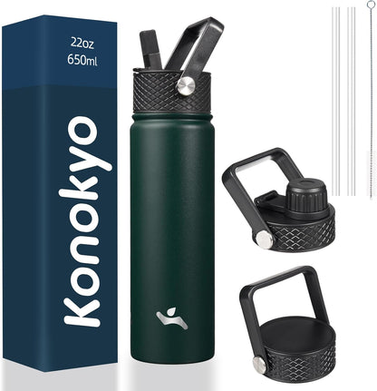 Konokyo 22oz Stainless Steel Bottles with 3 Lids Sport Insulated Water Bottle,Mint
